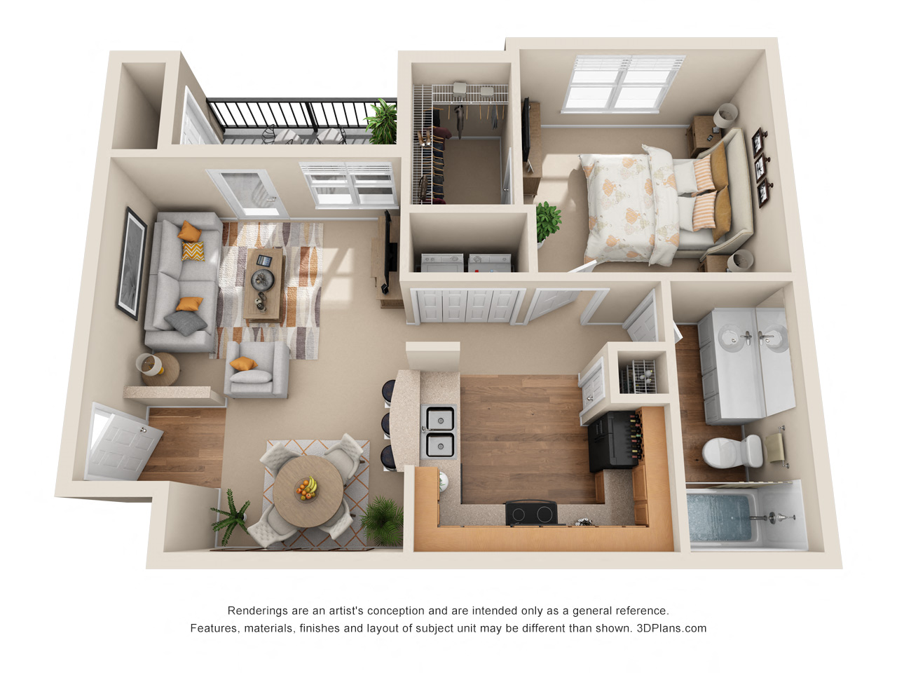 Floor plan for 1 bed, 1 bath, 659 sqft
